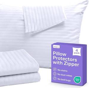 lot 20409 image: Set of 4 Pillow Protectors with Zipper Queen Size - 100% Resistant to Stains, Dust & Dirt - Washable Covers for Increased Pillow Lifespan