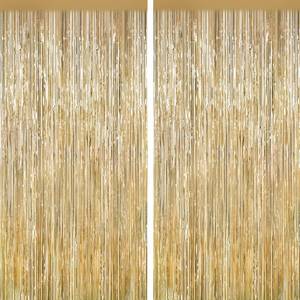 lot 20413 image: Champagne Gold Tinsel Foil Fringe Curtains, 2 Pack Photo Backdrop Decor