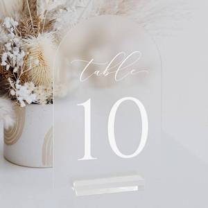 lot 20420 image: JINMURY Frosted Arch Table Numbers for Wedding, 5x7 Inch Acrylic Table Numbers 1-10 with Stands, Frosted Acrylic Arch Tabletop Sign with Holder for Centerpiece, Reception, Wedding, Party, Event
