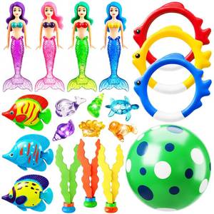 lot 20429 image: Jasonwell Pool Diving Toys Games - 20PCS Swimming Mermaid Pool Toys with Dive Rings Gems Beach Ball Underwater Treasures Seaweeds Fish Swim Toy etc Bath Water Toy Training Gifts for Kids Adult
