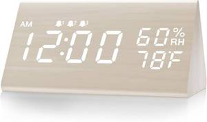 lot 20453 image: JALL Wooden Digital Alarm Clock for Bedrooms and Office, 3 Alarms with Big Digits, Humidity and Temperature Display, 6-Level Dimmer, Snooze, Loud Desk Clock for Heavy Sleepers, Plug in (White)