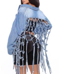 lot 20471 image: RINTONIX Womens Loose Long Fringe Distressed Denim Jacket Cropped Button Down Ripped Back Knotted Jean Coat(BE-3XL)