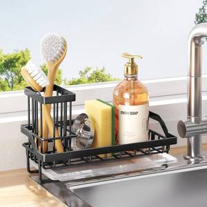 lot 20487 image: Consumest Sponge Holder for Kitchen Sink - Kitchen Sink Caddy Organizer with Removable Drip Tray for Countertop Dish Soap Dispenser Brush Storage Accessories 304 Stainless Steel - Black