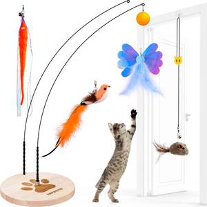 lot 20495 image: JXFUKAL Interactive cat Toy, Automatic Cat Wand Toy with Stable Wooden Base, 2 PCS Detachable Cat Teaser, 5PCS Refills Replacement & Hanging Elastic String, Kitty Kitten Toys Feather Spring Bird Toy