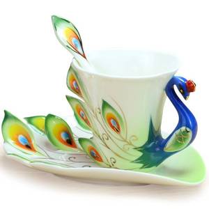 lot 20496 image: vanki 1 pc Collectable Fine Arts China Porcelain Tea Cup and Saucer Coffee Cup Peacock Theme Romantic Creative Present,Green