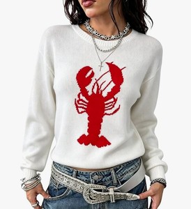 lot 20450 image: Giraropa Women Contrast Sweater LobsterCrabCarp Knit Sweaters Long Sleeve Crew Neck Loose Pullover Top Fall Clothes(Red Crab,Large)