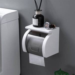 lot 1585 image: Beruyu Self Adhesive Toilet Paper Holder with Shelf, Waterproof Toilet Paper Roll Holder Wall Mount for Bathroom and Washroom, White