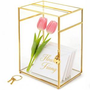 lot 1593 image: Youeon Glass Card Box with Slot & Lock, Gold Clear Wedding Card Holder, Decorative Gift Card Box for Reception, Birthday, Graduation, Bridal Shower, Party