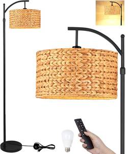lot 1597 image: QIYIZM Floor Lamp for Living Room Bedroom Farmhouse Arc Rattan Boho Standing Lamp with Remote Dimmable Black Wicker Bamboo Lamp Shade Floor Light Adjustable Tall Lamp Industrial Floor Lamps Bohemian