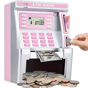 lot 1616 image: Pink Piggy Bank for Kids, ATM Machine Bank for Real Money with Debit Card, Bill Feeder, Coin Recognition, Balance Calculator, Electronic Savings Safe Box, Gifts for Teen Boy Girl