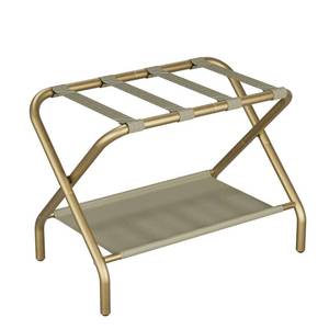 lot 1620 image: Smuxee Gold Luggage Rack, Foldable Suitcase Stand with Fabric Storage Shelf, Luggage Holder with 4 Nylon Straps for Guest Room Bedroom Hotel