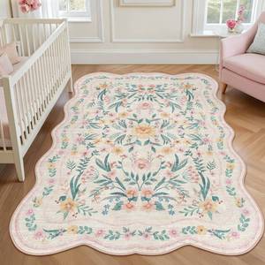 lot 1626 image: Dadasgk Pink Floral Rug 4X6 for Girls Bedroom or Nursery, Scalloped Cottagecore Washable Non-Slip Area Rug, Cute Soft Boho Carpet for Kids Room, Dorm, or Playroom