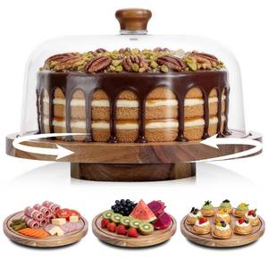 lot 1642 image: JOCHER Rotating Cake Stand with Lid, 12in Wooden Cake Holder with Acrylic Dome, Flat Bottom Round Dessert Stand, Cake Display Stand for Baking, Wedding, Kitchen, Birthday, Parties(Not Glass Lid)