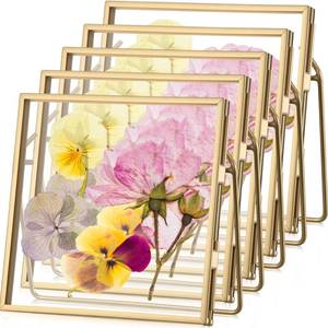 lot 2005 image: Vicenpal 5 Pack Glass Pressed Flower Frame Handmade, 4 x 4 floating Picture Frames for Pressed Flowers, Brass Double Glass for Tabletop Display, Home Office Plant Specimen, Photos(Gold)
