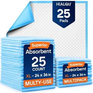 lot 2033 image: Healqu Disposable Underpads - Incontinence Bed Chux Pads for Adults, Kids, Elderly, and Pets - Fluid and Urine Bed Protection - Large, Super Absorbent Fluff and Polymer (24x36 Pack of 25)