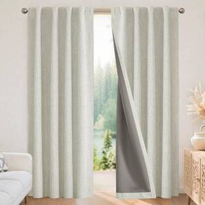 lot 2477 image: Joydeco Blackout Curtains for Bedroom - 96 Inch Long 100% Light Blocking 2 Panels Light Beige Drapes, Thermal Insulated Room Darkening Curtains, Linen Textured for Living Room, Rod Pocket & Back Tabs