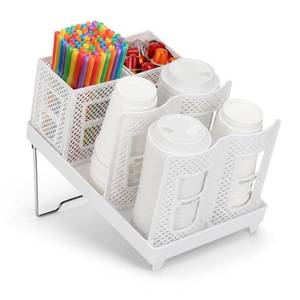 lot 2483 image: Honlibey 6-Compartment Coffee Cup Dispenser with Straws Holder, Plastic Coffee Cup and Lid Holder, 10-22oz Disposable Paper Cups Organizer for Countertop,Station,Bar,Office,Restaurant,Breakroom-White