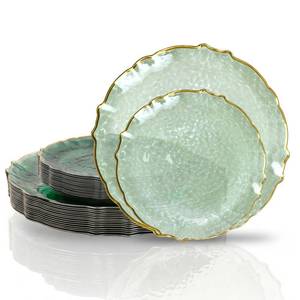 lot 3942 image: bUCLA 40PCS Sage Green Plastic Plates Disposable - Fancy Clear Hammered with Gold Lace-Edge - Include 20 Each (10inch Dinner & 7inch Dessert) Plates for Party, Birthday & Daily Use