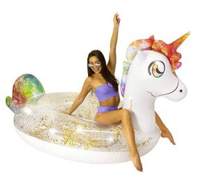 lot 3969 image: PoolCandy Gigantic Gold Glitter Unicorn Inflatable Pool Raft, 120 Inch Giant Float for 2��3 Adults, Heavy Duty PVC Swim Platform for Pool Lake Beach Parties, Magical Lounger Supports Up to 450 lbs