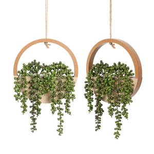 lot 3984 image: Floweroyal 2pcs Artificial Succulents Hanging Plants 12.2 Fake String of Pearls in Pot with 8.3 Lanyard for Indoor Outdoor Wall Decor��Wood Color��.