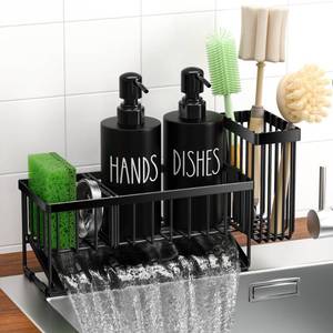 lot 4458 image: MASADI Kitchen Dish Soap Dispenser Set with Sponge Holder, 12OZ Glass Bottle, Hand and Dish Soap Dispenser Set, Non-Slip Silicone Pad, Brush Holder, Kitchen Sink Organizer Countertop (Black)