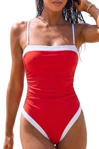 lot 4475 image: QINSEN Tummy Control One Piece Swimsuit for Women Red and White Trim Slimming Swimdress High Cut Monokini M