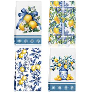 lot 4485 image: FuWeave Chinoiserie Lemon Kitchen Towels Set of 4, Italian Tea Towels