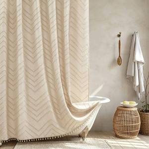 lot 4501 image: Siiluminisoy Farmhouse Boho Shower Curtain, Woven Fabric Beige Long, 72 x 78, Tufted Chevron Striped Modern Chic Textured Minimalist Bathroom Shower Curtain