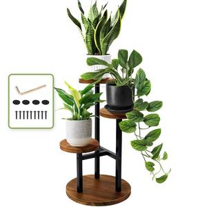 lot 5112 image: AUGOSTA 3 Tier Plant Stand, Tall Metal Wood Shelf Holder for Indoor, Outdoor Display Rack Flower Pot Stand for Corner Living Room Balcony Garden Patio