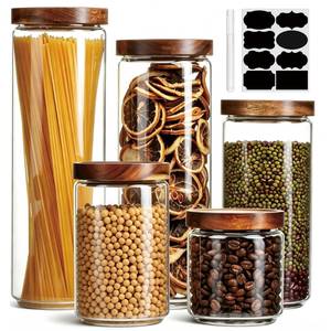 lot 5123 image: Flrolove Glass Canisters With Wooden Lids, Kitchen Jars for Storage 5 Pack
