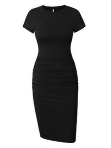 lot 6263 image: Missufe Womens Ruched Bodycon Sundress Knee Length Sheath Casual T Shirt Dress (Black, Large)
