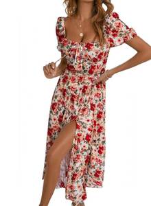 lot 6266 image: BLENCOT Womens Casual Summer Square Neck Dress Floral Print Flounce (size M)