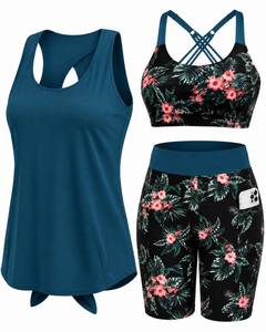 lot 6270 image: Teal and Floral 3 Piece Athletic Tankini Swimsuit with Pocket Shorts XL