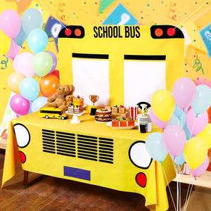 lot 6271 image: Oudain 2 Pcs Back to School Bus Decoration Set First Day of School Banner and Tablecloth Yellow Bus Tablecover and Backdrop for Boy Girl English Teacher Birthday Theme Party Favor(107.9 x 53.9 Inches)