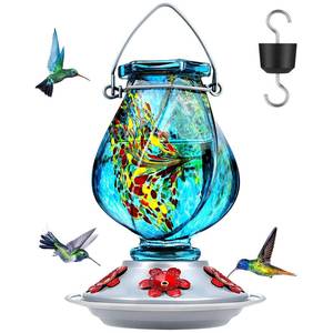 lot 6285 image: BOLITE Hummingbird Feeders for Outdoors Hanging, Hand Blown, Blue, 22oz
