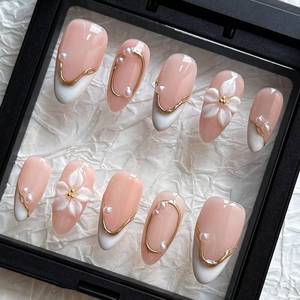 lot 6304 image: Press On Nails MAGLFELL Handmade Almond Spring Fake Nails, 3D Carving Floral and Pearl Design,10 Pcs Reusable Acrylic Fingernail Tip Salon Artificial Nails (Size S)