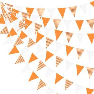 lot 6308 image: 32Ft Orange Party Decorations Orange Buffalo Plaid Checkered White Triangle Flag Gingham Pennant Bunting Fabric Garland Streamers for Fall Autumn Graduation Birthday Thanksgiving Picnic Garden Decor