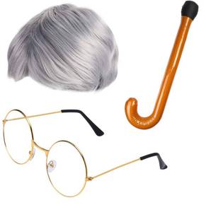 lot 6317 image: Beefunny Old Man Wig and Glasses Grandpa Costume Accessories Inflatable Walking Cane 100th Day of School Starter Kit (SILVER)