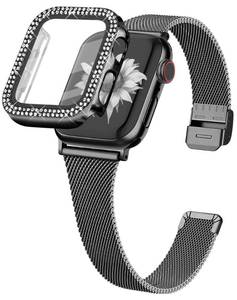 lot 6365 image: Joyozy Slim Stainless Steel Band Compatible with Apple Watch 38mm 40mm 41mm 42mm 44mm 45mm 46mm Milanese Strap with Bling Glitter Case Built-in Screen Protector Dressy Bracelet Band for Women (Black 44mm)