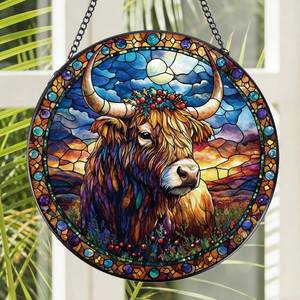 lot 6371 image: Rngmsi Stained Glass Window Hanging, 7.8�� Highland Cow Sun Catchers with Hook Indoor Window Decor, Decorative Suncatchers Hanging Ornaments Home Garden Art Gift for Housewarming