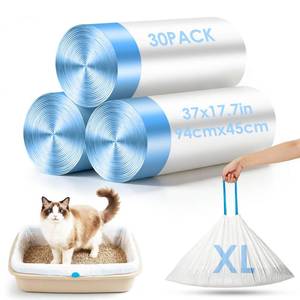 lot 6380 image: 30 Pack Jumbo Cat Litter Bags - 2 Mil Thick Heavy Duty Leakproof Litter Box Liners, 37x17.7XL Size Drawstring Cat Litter Liners for Automatic Litter Box, Odor Control Disposable Kitty Litter Bags