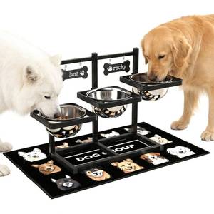 lot 7025 image: Elevated Dog Bowls for Large Dogs, 6 Height Adjustable Raised Stand with Mat, Two Signature Cards and Three 1700ML Bowls, for Large Breed and Multi-Pet Households