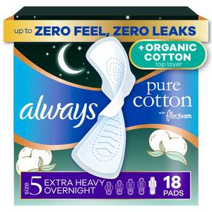 lot 7027 image: Always Pure Cotton FlexFoam Pads for Women, Size 5, Extra Heavy Overnight Pad with Wings, Unscented, Made with an Organic Cotton Top Layer, 18 Count