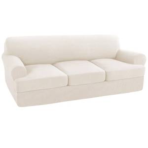 lot 7034 image: Turquoize 4 Piece T Cushion Sofa Slipcovers Stretch Couch Cover Furniture Covers with 3 Individual T Cushion Covers, Machine Washable (3 Cushion Sofa, Cream)