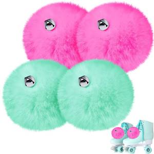 lot 8057 image: Gejoy 4 Pieces 4 Inch Large Roller Skate Pom Poms with Bells Fluffy Tie-on Roller Skates Pom Poms Rollers Skate Accessories for Women(Pink, Mint Green)
