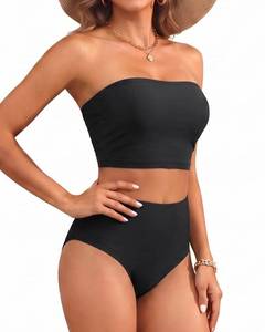 lot 8058 image: Tempt Me Women Black Bandeau Bikini Set Strapless High Waisted Two Piece Swimsuit Longline Bathing Suits L