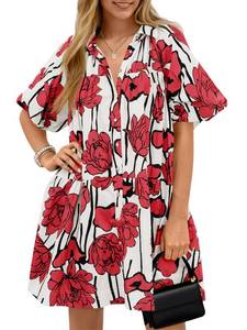 lot 8144 image: Wenrine Womens Summer Button Down Shirt Dress Floral Puff Short Sleeve Red M