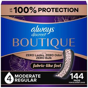 lot 9579 image: Always Discreet Boutique Incontinence Pads, for Bladder Leaks, Moderate Absorbency, Regular Length, 144 Count (3 Packs of 48)