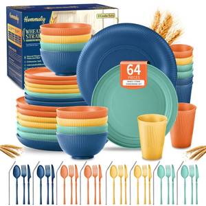 lot 9589 image: Wheat Straw Dinnerware Sets,64-Piece Plates and Bowls Sets for 8-Unbreakable,Reusable Plastic Dish Set-Dinner PlateDessert PlateCereal BowlCupUtensils-Dishwasher Safe 64P-JadePeak Lake Sunset