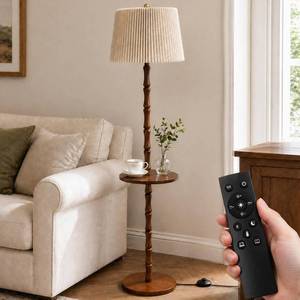 lot 9634 image: Mirwen Real Wood Floor Lamp with Built-in Tray, Remote Control, Adjustable Brightness & 3 Color Temperatures, Dimmable Standing Lamp for Living Room, Bedroom, and Office �� Easy Setup(Light Walnut)